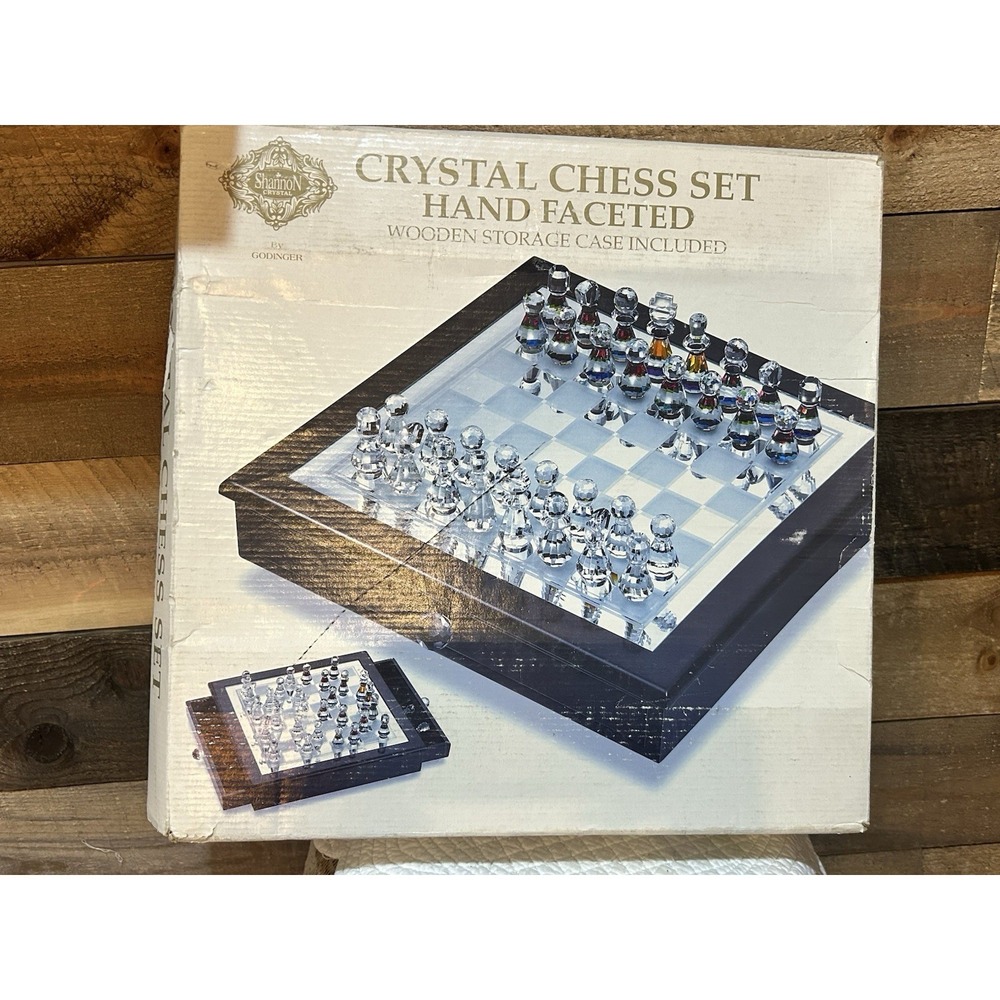 Shannon‎ By Godinger Crystal Chess Set Hand Faceted Wooden Storage Case NEW